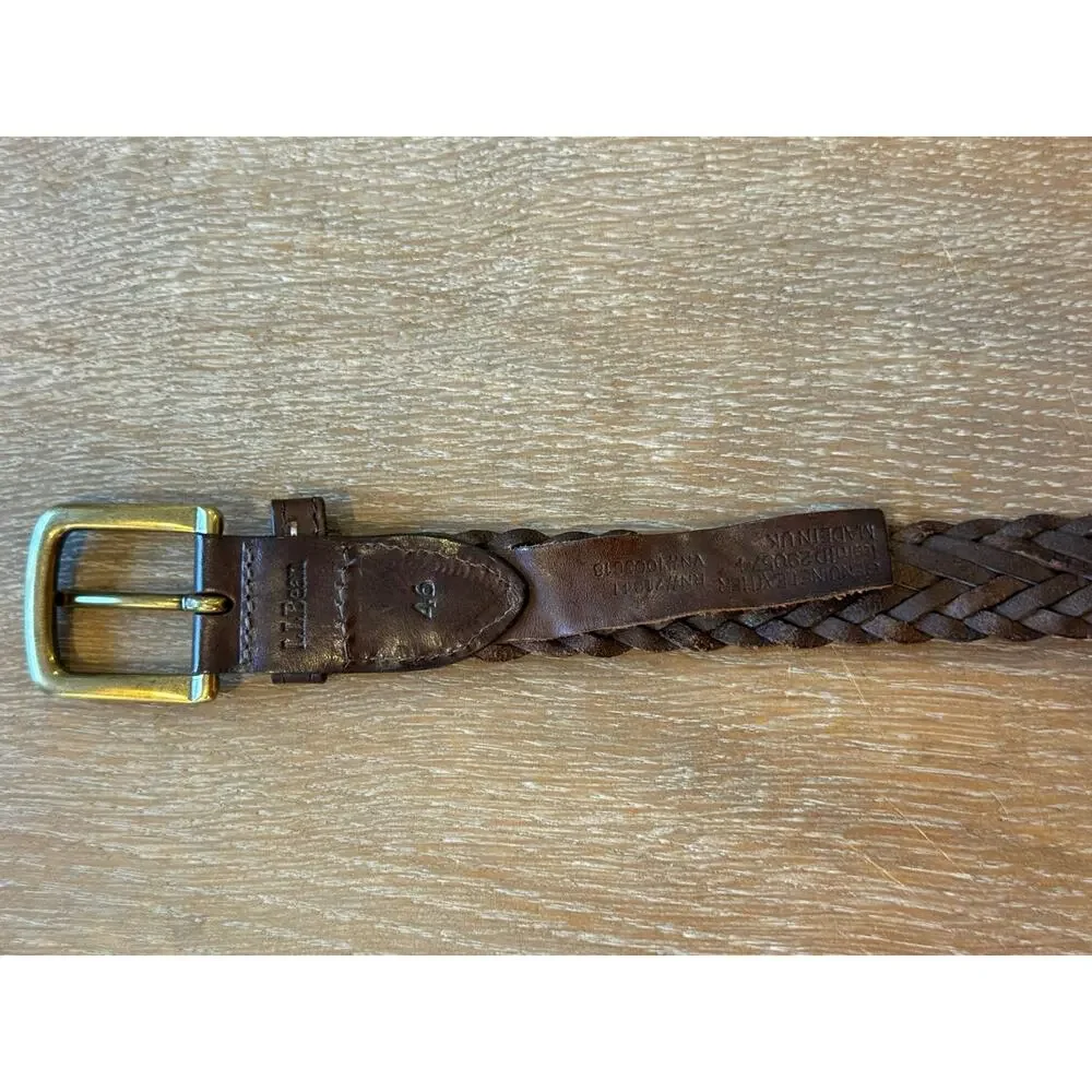 L.L. BEAN Brown Leather Braided Belt Men size 46 Brass Buckle L L Bean